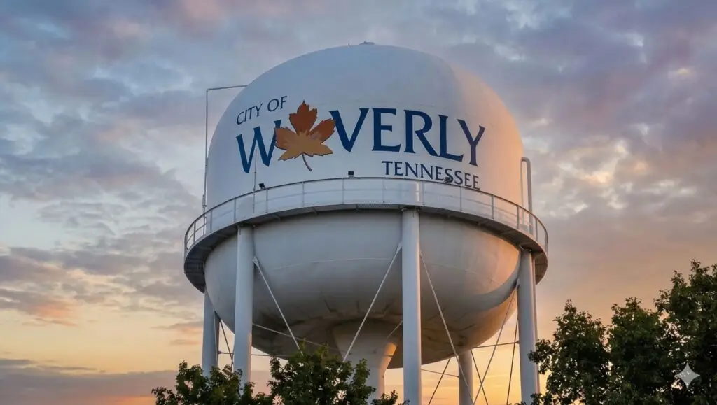 water tower in Waverly, TN that supplies homes in the area